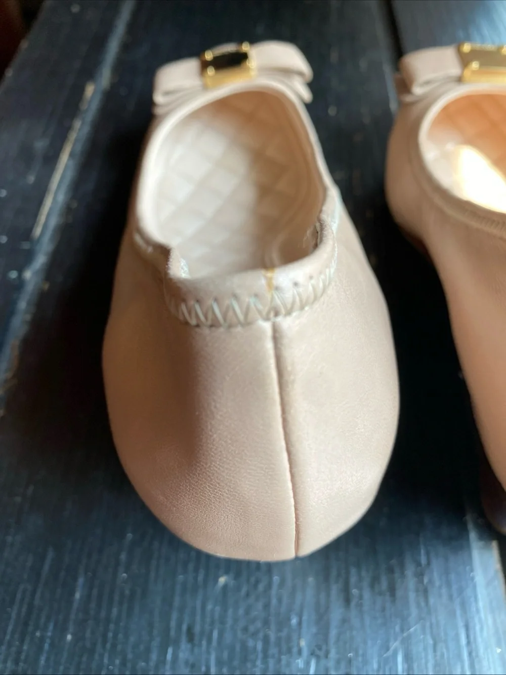 Cole Haan Nude Bow Ballet Flats with Gold Plaque